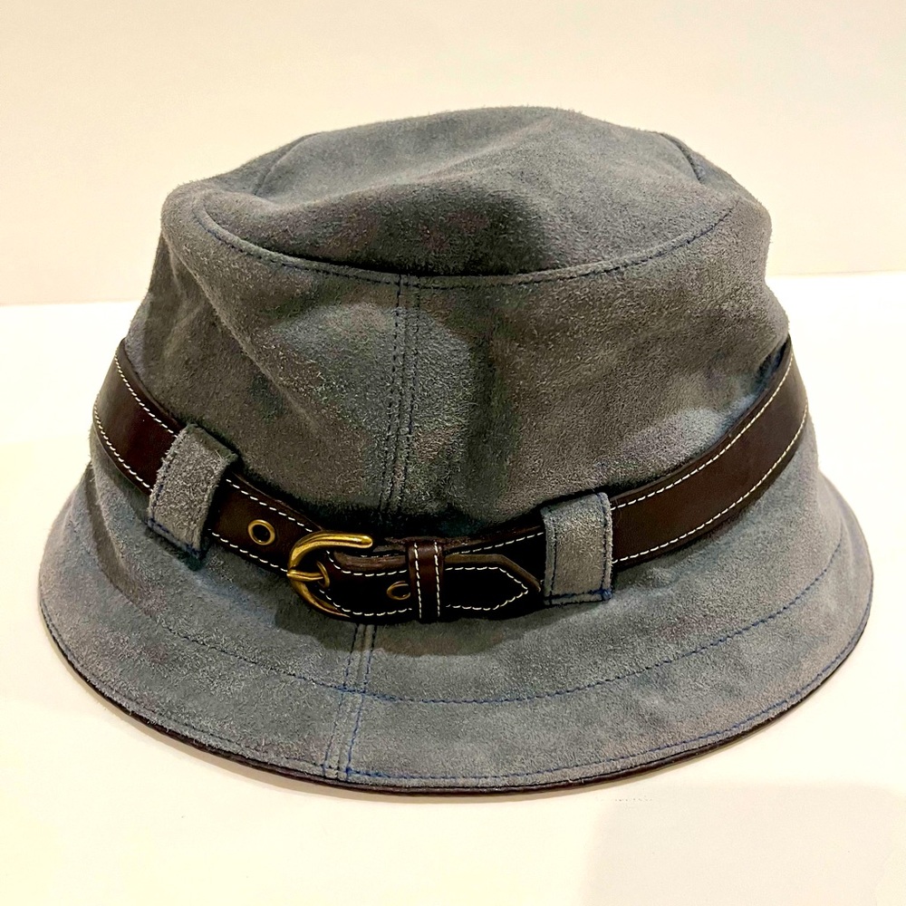 Coach Blue Suede Bucket Hat with Brown Leather Band